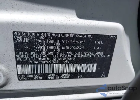 2025 Toyota Rav4 Hybrid Xle z USA, uszkodzony, nr VIN 2T3RWRFV0SW272575
